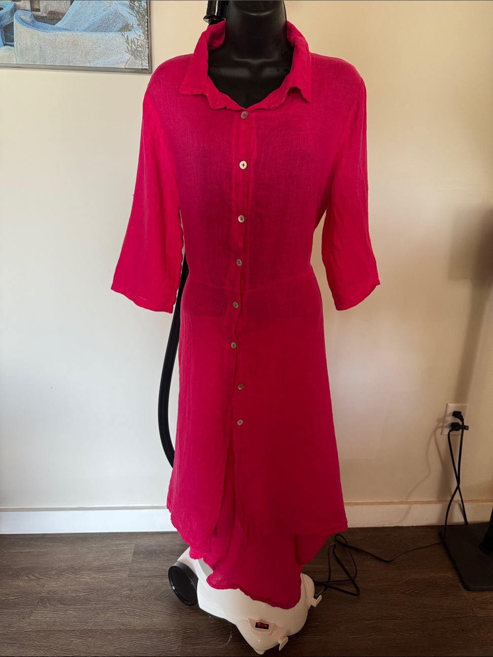 Bright Fuchsia Button-Front Midi Shirt Dress